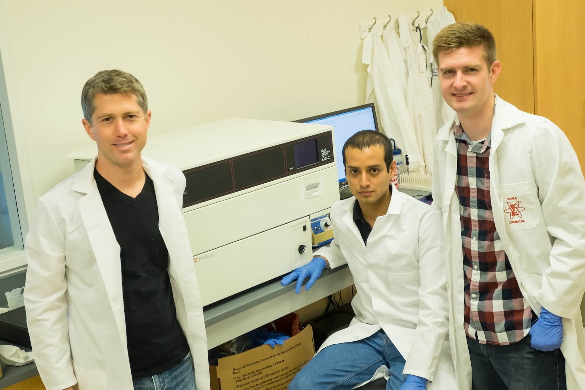 From left: Jeffrey Tabor, an assistant professor of bioengineering, and graduate students Sebastián Castillo-Hair and John Sexton.