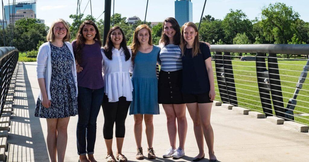 Rice University senior engineering students have developed enhancements to the ongoing Project Brays to alleviate flooding in Houston. Gathered on a footbridge over Brays Bayou are, from left, Kasia Nikiel, Avi Gori, Jinal Mehta, Julianne Crawford, Marie Gleichauf and Sam Greivell.
