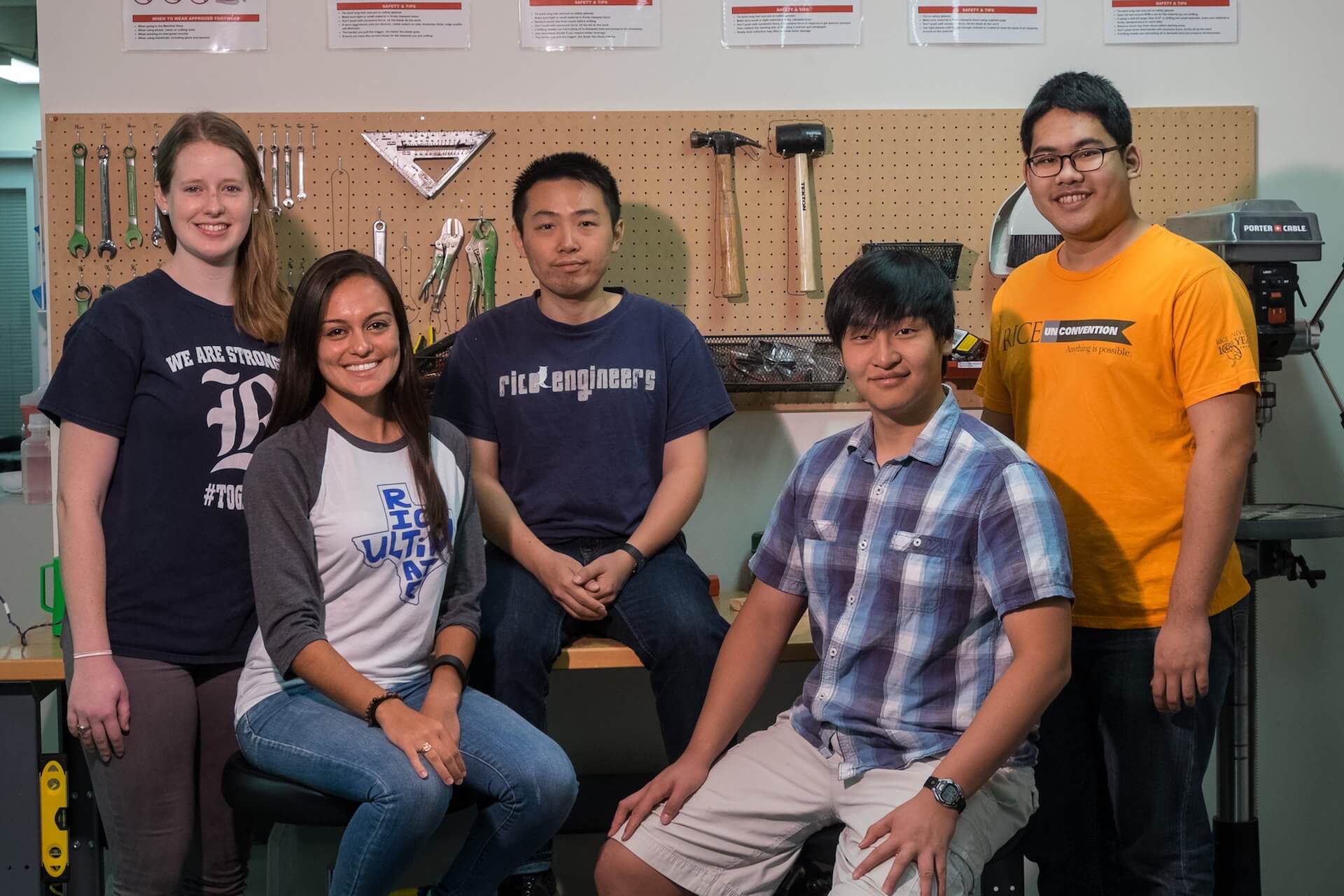 From left, Rice University engineering students Margaret Watkins, Valerie Pinillos, John Chen, Allen Zhao and Eric Yin.(Credit: Jeff Fitlow)