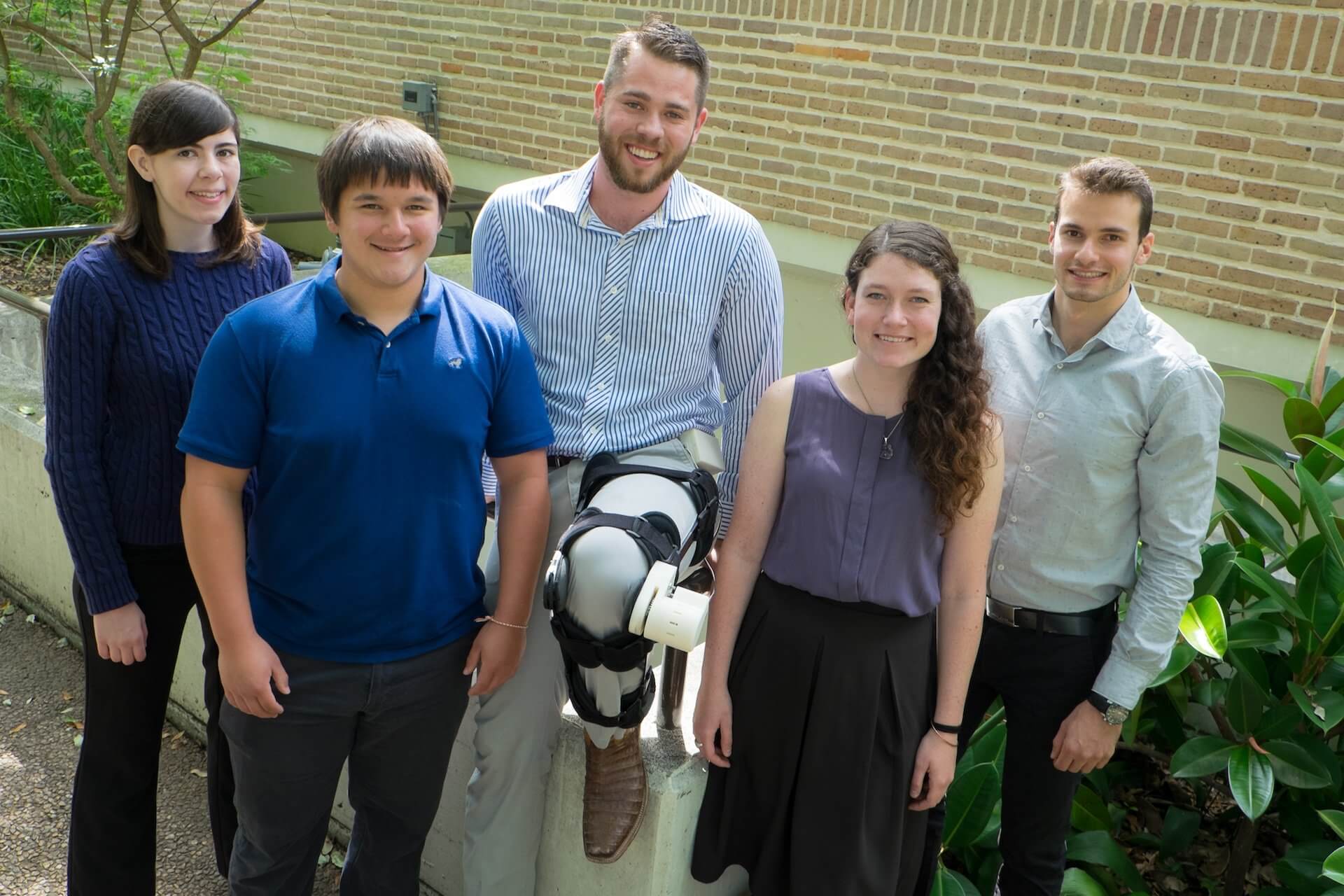 The Farmers team of Rice University engineering students, from left: Taylor Vaughn, Sean LaBaw, Chase Gensheimer, Hutson Chilton and Adrian Bizzaro. (Credit: Jeff Fitlow/Rice University)