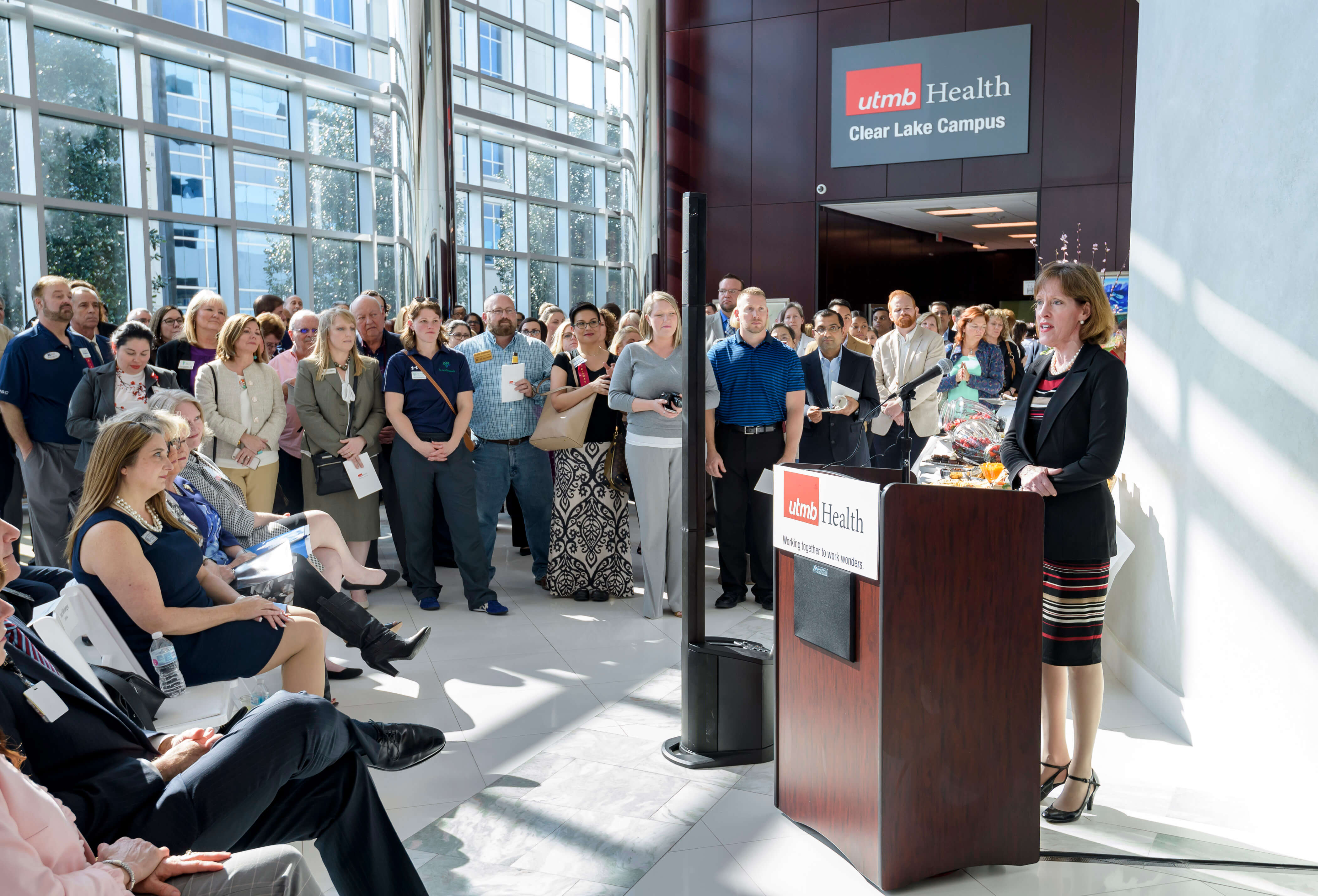 Amy Shaw Thomas, executive vice chancellor for Health Affairs ad interim of The University of Texas System speaks at the UTMB Health Clear Lake Campus in Webster, Texas, during the grand opening celebration on March 20, 2019.