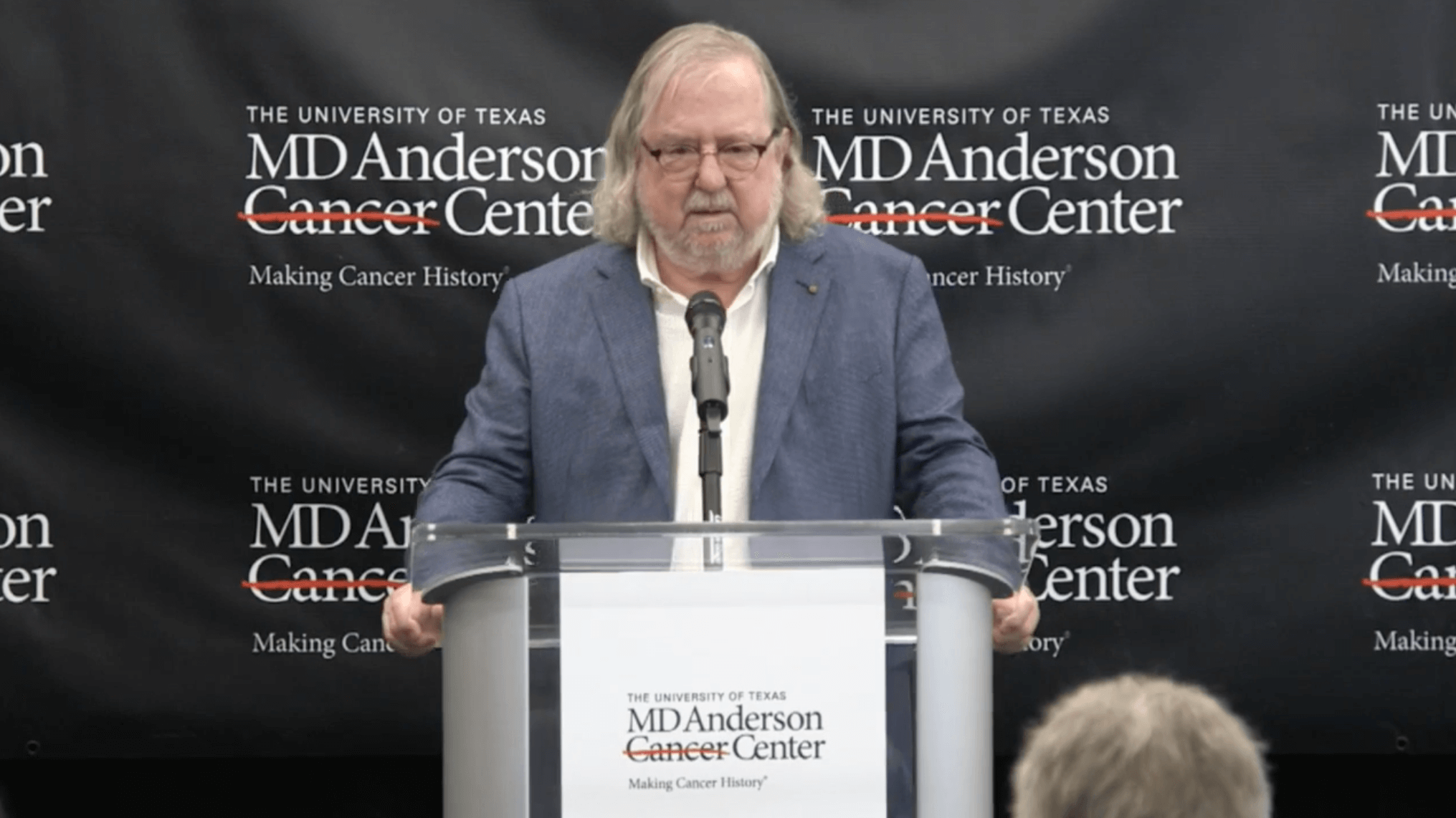 MD Anderson immunologist James P. Allison, Ph.D., reacts to receiving the 2018 Nobel Prize in Physiology or Medicine during a news conference on Oct. 1, 2018 in New York City where he was attending a cancer immunotherapy conference. (MD Anderson live feed)