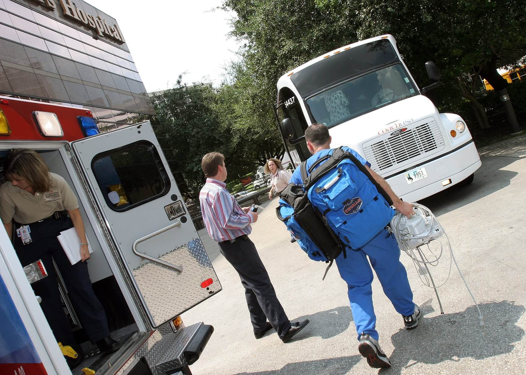 Texas Children's Hospital employees board a bus to help in Louisiana. (Photo courtesy Texas Children's Hospital)