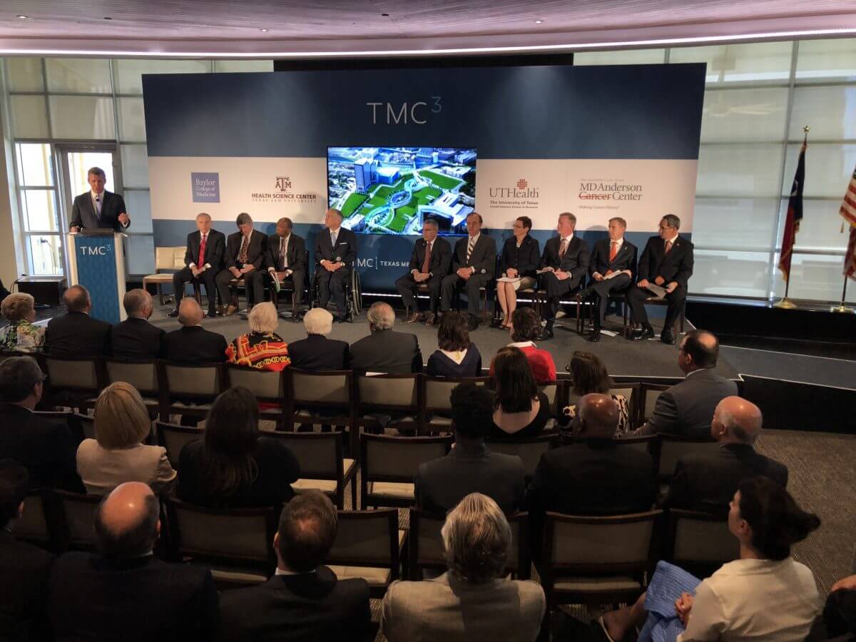 William F. McKeon, President and CEO of the Texas Medical Center, announces TMC3. Seated on stage, from left to right: Mr. Ed Roski, Majestic Realty; Ed Emmett, Harris County Judge; Sylvester Turner, Mayor of Houston; Gov. Greg Abbott; Dr. Paul Klotman, President, CEO and Executive Dean, Baylor College of Medicine; John Sharp, Chancellor, The Texas A&M University System; Dr. Carrie Byington, Senior Vice President, Texas A&M University Health Science Center, and Vice Chancellor for Health Services, The Texas A&M University System; William McRaven, Chancellor, The University of Texas System;  Dr. Peter Pisters, President, The University of Texas MD Anderson Cancer Center; Michael R. Blackburn, Ph.D., Executive Vice President and Chief Academic Officer, The University of Texas Health Science Center at Houston (UTHealth).