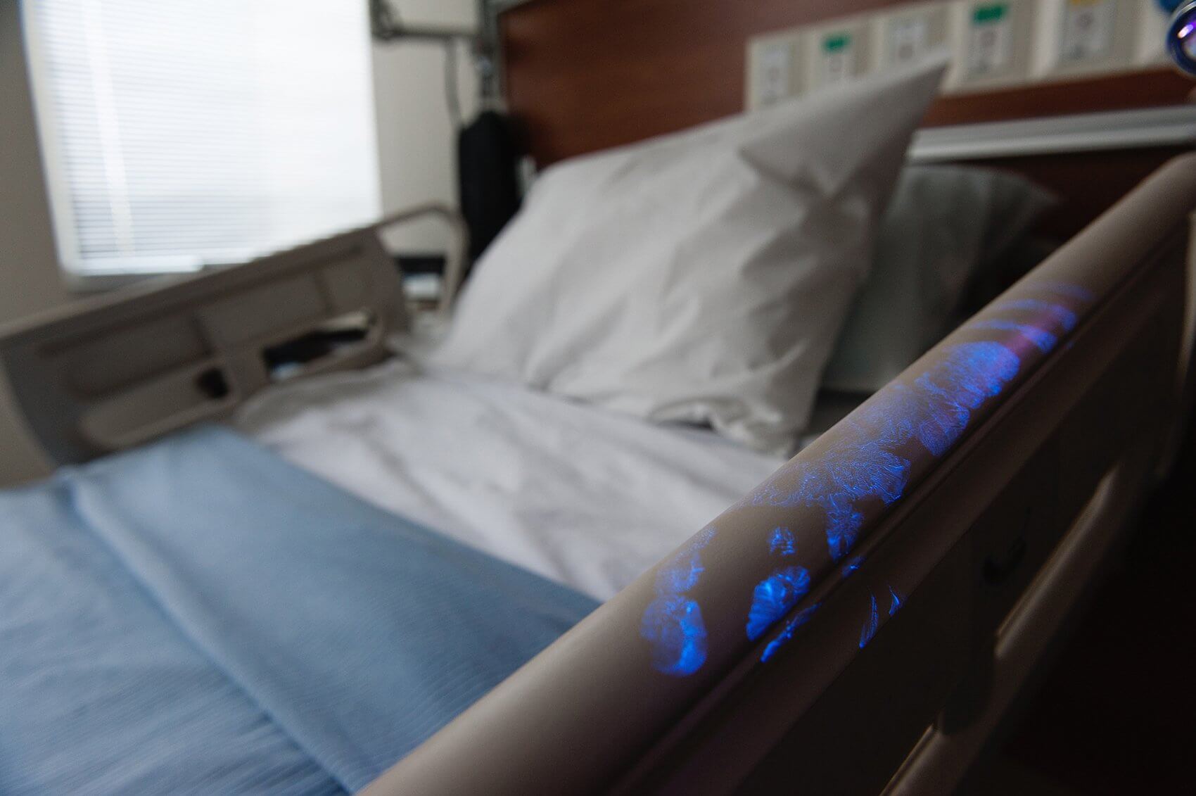 UV light shows surface contamination in a hospital setting. Credit: Texas A&M Health Science Center)