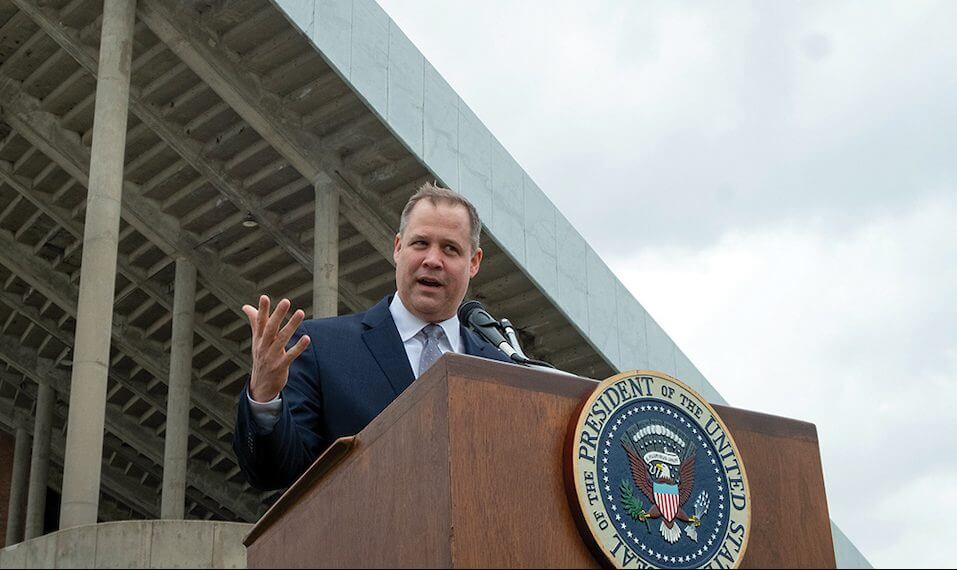 NASA Administrator Jim Bridenstine speaks outside Rice University’s stadium on April 12, 2019, during the unveiling ceremony of a plaque commemorating Kennedy’s 1962 speech and the planting of a tree honoring the 50th anniversary of the Apollo 11 moon landing. (Credit: Jeff Fitlow/Rice University)