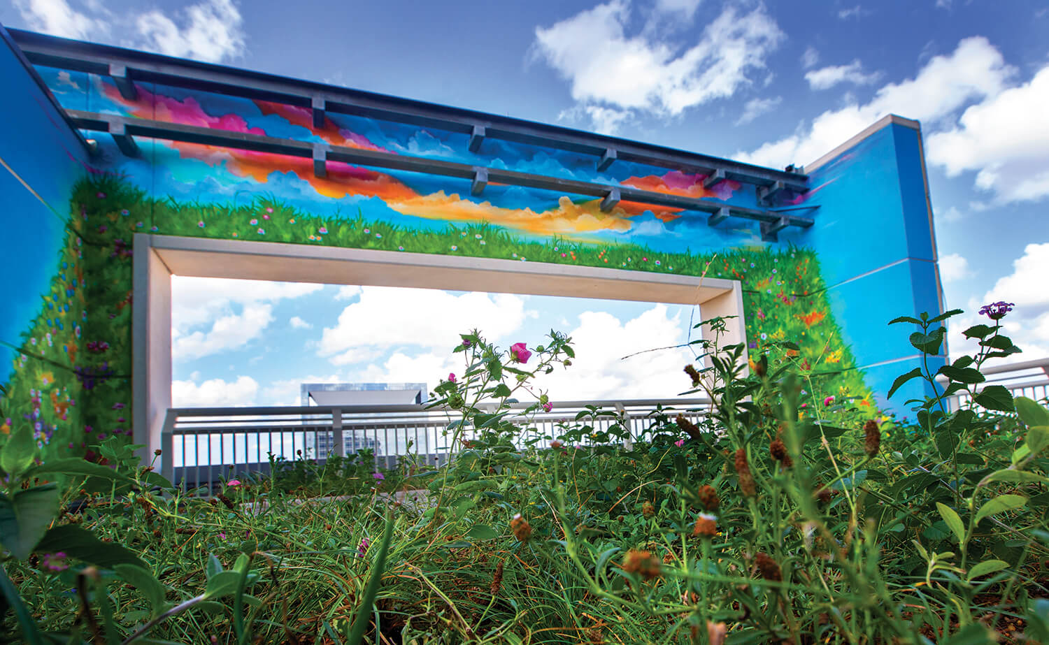 Gonzo247 painted a mural to accompany the rooftop garden.