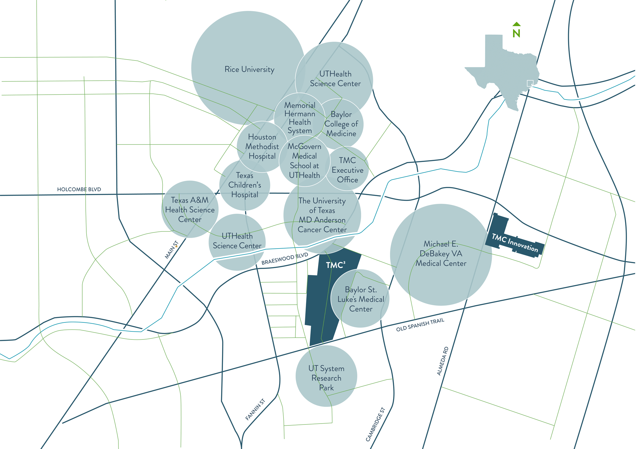 Map of Texas Medical Center and member institutes 